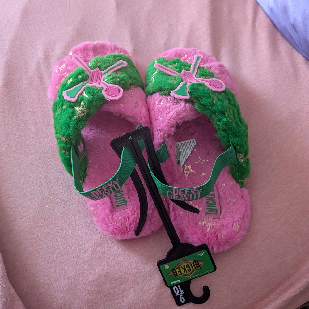 Wicked Disney Pink and Green Fuzzy Slippers